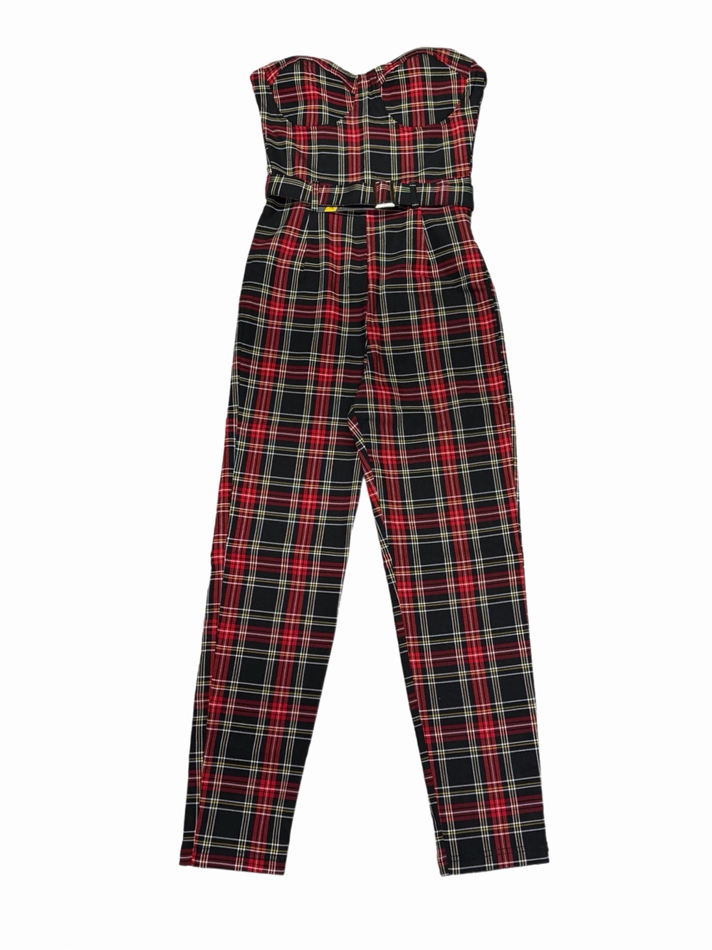 like an angel Strapless Sweetheart Plaid Belted Jumpsuit Black/Red Medium